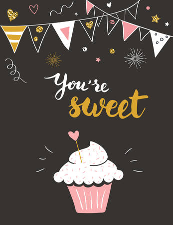 Valentine day card with cupcake and You are sweet titleのイラスト素材