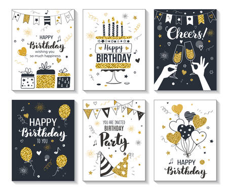Happy birthday greeting card and party invitation templates, vector illustration, hand drawn style, black and gold colors.のイラスト素材