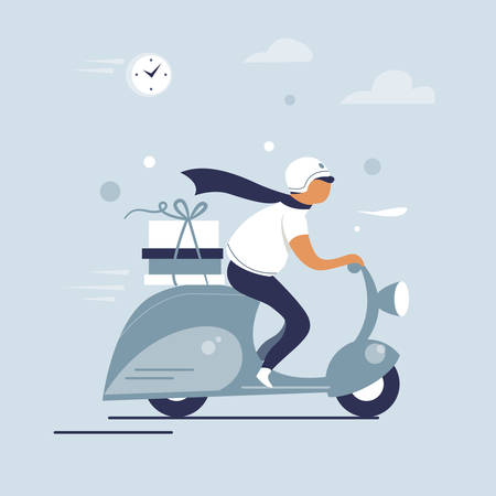 Scooter riding man, pizza delivery courier, flat character design, vector illustration.のイラスト素材