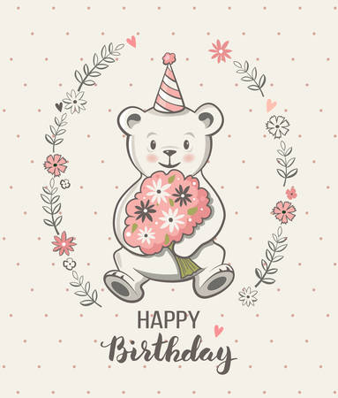 Cute little bear cartoon, vector illustration, happy birthday greeting card, posters for baby room, kids and baby t-shirts and wear, hand drawn nursery illustrationのイラスト素材