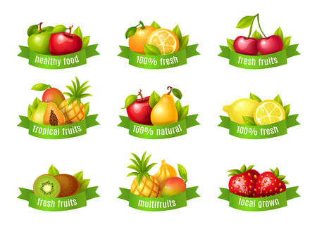 Fresh fruits and berries, healthy food labels âapples, orange, lemon, strawberry, glossy cartoon vector illustration.のイラスト素材