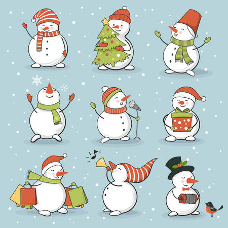 Funny snowman set with winter and holiday accessories. Perfect for  New Year and Christmas greeting card, sticker kit. Vector illustration, hand drawn styleのイラスト素材