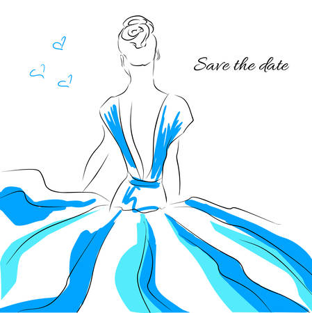 Fashion girl in beautiful dress. Art sketched beautiful girl in pink dress with hearts, vector background with space for text. Vector illustrationのイラスト素材