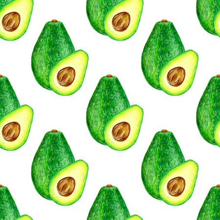 Avocado, half of avocado, avocado seed. Hand drawn watercolor painting isolated on white background. Vector pattern of fruit avocado.のイラスト素材
