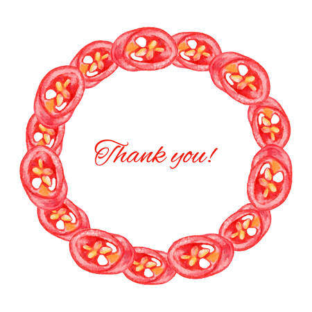 Slice of red pepper on white background, round frame, watercolor illustration. Can be used for  cards, menu etc.のイラスト素材
