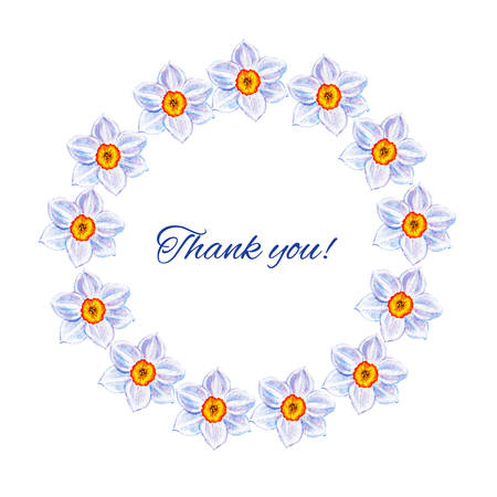 Narcissus flower, watercolor illustration isolated on white background. round frame. Floral design elements.のイラスト素材