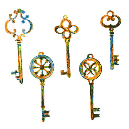 Set of different colorful keys, hand drawn doodle vector illustration isolated on white background, painted coloring pencils, sketch for design patterns, greeting card, scrapbook, page magazineのイラスト素材