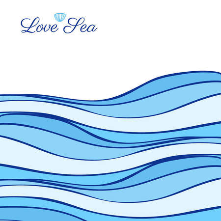 Abstract blue sea waves isolated on white background, graphic illustration, decorative frame with space for text for design greeting cards, wedding invitations, travel postcard, printingのイラスト素材