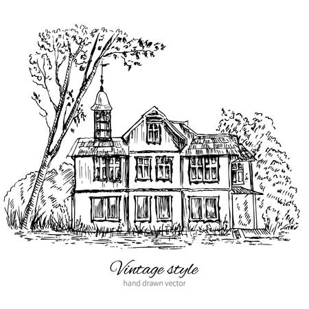 Old wooden house in woods, Europe, illustration isolated on white, ink sketch, Historical building line art, Vintage travel postcard template with european mansion, book illustrationのイラスト素材