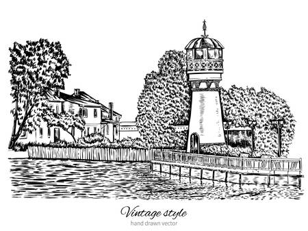 Lighthouse, water tower, Rural landscape with old farmhouse, garden on shores of lake, hand drawn vector illustration isolated on white, vintage engraving style, sketch layout for touristic postcardのイラスト素材