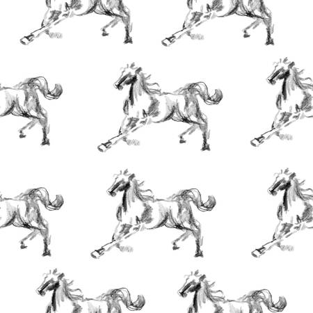 Horse hand drawn graphic illustration painted pencil isolated on white, seamless vector pattern, decorative background, designed texture, ornament for greeting card, package, wallpaper, scrapbookのイラスト素材