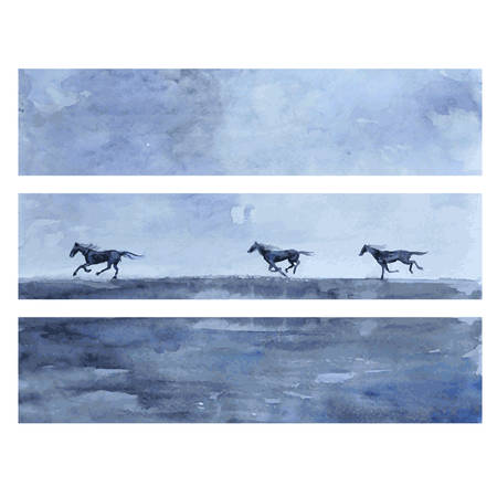 Horse hand drawn watercolor vector abstract illustration, horizontal banner with horses race, wild animal, template greeting card, web sites, printing, advertising, decorative wallpaper, backgroundのイラスト素材