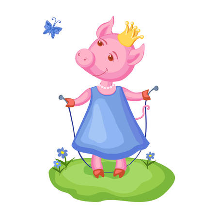 Cartoon cute pig in blue dress and golden crown on green meadow along flowers isolated on white background, colorful vector illustration animal, Character design for greeting card, children invitationのイラスト素材