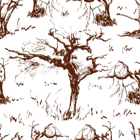 Trees graphic hand drawn vector engraving doodle sketch isolated on white background, seamless pattern, decorative vintage style, template for design package organic eco product, wallpaper, textileのイラスト素材