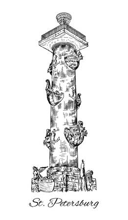 Rostral column in Saint Petersburg, St. Petersburg landmark, Russia, Vector engraved illustration, ink sketch isolated on white background, Historical line art for touristic postcardのイラスト素材