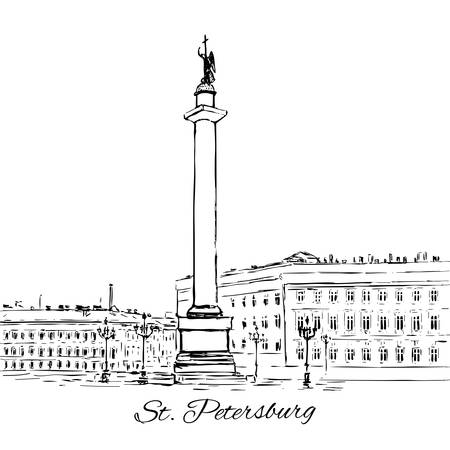 Alexander Column in Palace Square, St. Petersburg landmark, Russia, Vector ink sketch isolated on white background, vintage style, for design packaging, travel postcard, template posterのイラスト素材