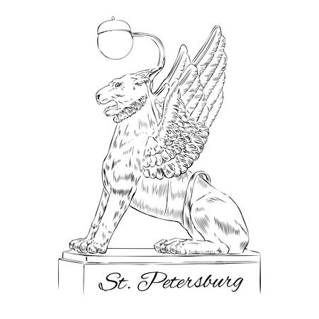 Winged lion silhouette St. Petersburg landmark Russia, Vector engraved illustration,ink sketch isolated on white background, decorative sculpture, Historical line art for touristic postcardのイラスト素材