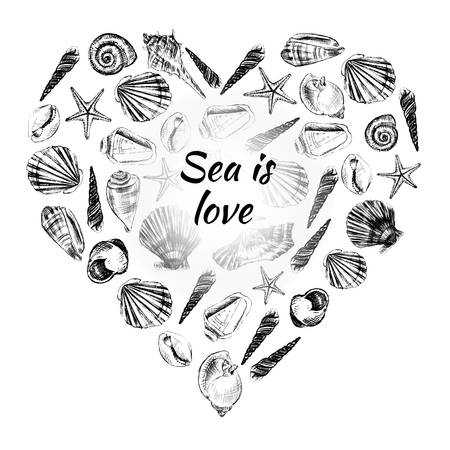 Seashell heart hand drawn vector etching sketch isolated on white background, decorative frame, underwater marine texture, template label layout design for card, beauty salon, natural cosmetic shopのイラスト素材