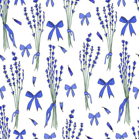 Lavender bouquet seamless vector pattern hand drawn graphic flower texture background, sketch blue bow isolated on white background, for wallpaper, textile, fabric, design packaging, wedding cardsのイラスト素材