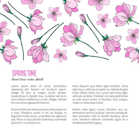 Apple flower blossom colorful hand drawn illustration isolated on white background, vector pink sakura, decorative frame, floral border for greeting card, package design cosmetic, wedding invitationのイラスト素材