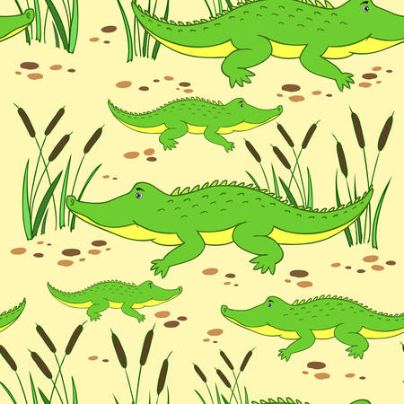Cute cartoon little crocodile in reed isolated on yellow background, Vector doodle Illustration alligator, wild animal, Seamless pattern, texture design for baby shower, greeting card, children inviteのイラスト素材