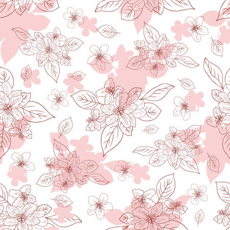 Apple flower blossom hand drawn isolated on white background, seamless vector floral pattern, pink sakura outline art for greeting card, package design cosmetic, wedding invitation, wallpaper beautyのイラスト素材