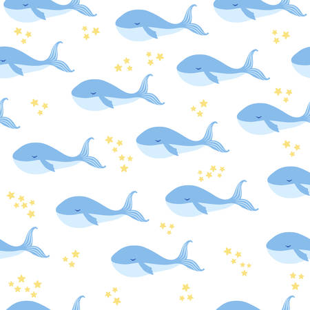 Blue Whale cute cartoon illustration isolated on white background, vector graphic  doodle animal, Seamless pattern, decorative texture, Character design for greeting card, children invite, baby showerのイラスト素材