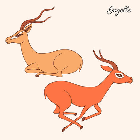 Decorative Gazelle graphic hand drawn vector cartoon doodle animal illustration, running and sitting colorful African safari antelope with curved horns isolated on white background, for design cardsのイラスト素材