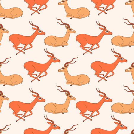 Seamless pattern, Decorative Gazelle hand drawn vector cartoon doodle animal illustration, running and sitting African safari antelope with curved horn isolated on white background, for design paperのイラスト素材