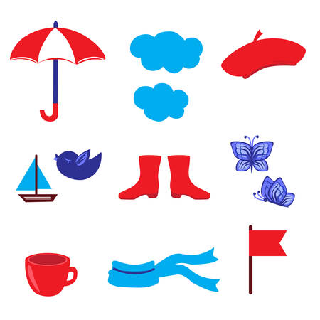 Cartoon umbrella, cloud, butterfly, bird, red flag, tea cup, scarf, wellingtons, ship illustration isolated on white backdrop, decorative vector elements for design card, scrapbook sticker, educationのイラスト素材
