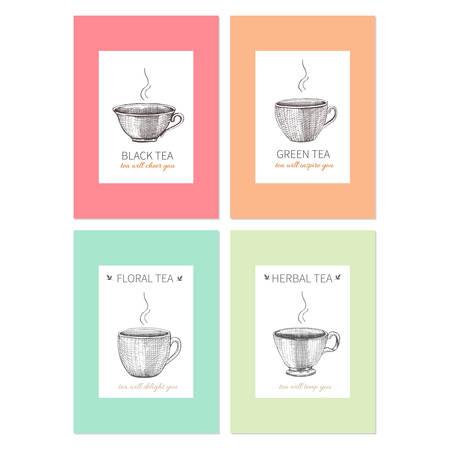 Collection of templates for packaging tea, coffee, sketched cups and text, hand drawn illustration, Design for label, banner, poster, identity, branding,healthy magazines, web sites, restaurant menuのイラスト素材