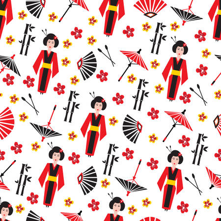 Japan seamless pattern, Japanese vector symbols with traditional fan, kimono, blossom sakura, umbrella, bamboo, travel icons illustration isolated, decorative texture for design greeting card, packageのイラスト素材