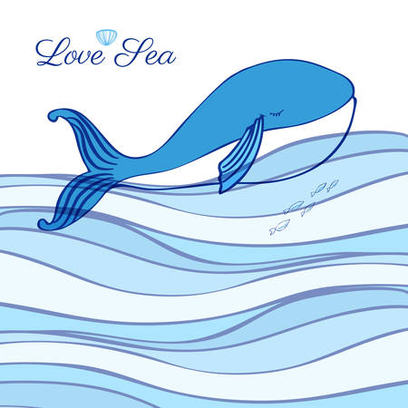 Blue Whale cartoon illustration isolated on decorative wave background, vector graphic colorful doodle animal, Character design for greeting card, children invitation, baby shower, travel postcardのイラスト素材