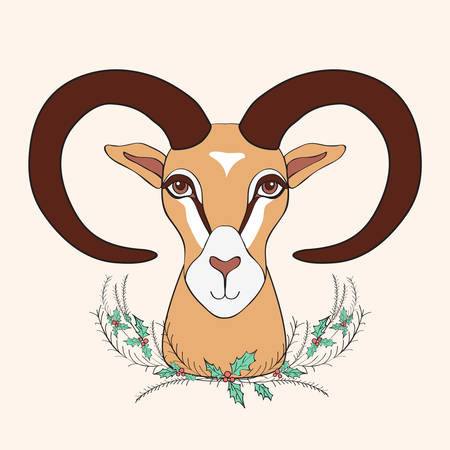Holiday ram graphic hand drawn vector cartoon doodle illustration with bouquet holly,  animal with curved horns isolated mascot head, Character design for greeting card, baby shower, children inviteのイラスト素材