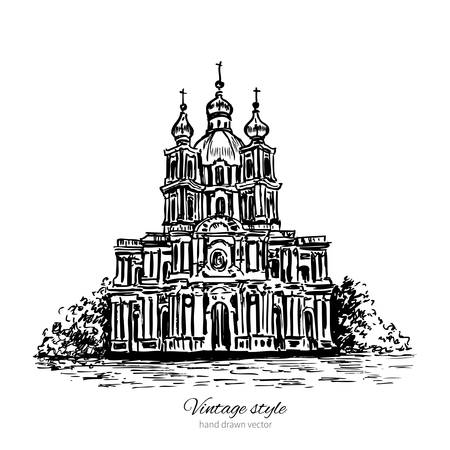 Smolny Cathedral of Saint Petersburg landmark, Russia, hand drawn engraving vector illustration isolated on white, vintage style ink sketch building for touristic postcard, poster, calendar templateのイラスト素材