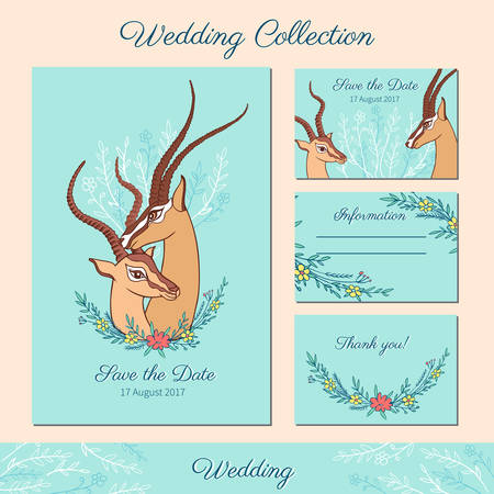 Gazelle colorful hand drawn vector doodle illustration, African antelope with curved horns, cartoon lovers animal, floral bouquet with yellow red flower for design wedding invitation, greeting cardのイラスト素材