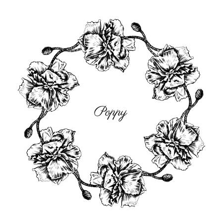 Poppy flowers, floral wreath isolated on a white background,のイラスト素材