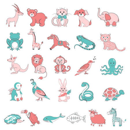 Cute cartoon doodle animals vector illustration isolated on backdrop, character design.のイラスト素材