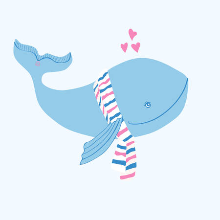 Lover blue whale vector cartoon wild animal with striped scarf, cute fish isolated on white background, Character design for greeting card, children invitation, creation of alphabet, valentines dayのイラスト素材