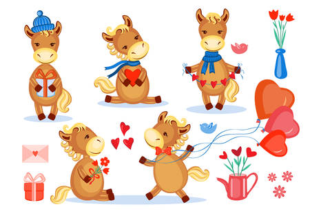 Lovers horses vector set kid cartoon animal pose, domestic cute foal isolated on white, farmer animals.のイラスト素材