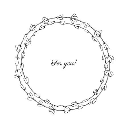 Lavender flowers decorative wreath isolated on white background. Round frame hand drawn doodle vector sketch herbal line art graphic design for greeting card.のイラスト素材
