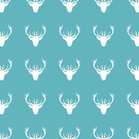 Deer hand drawn vector doodle wild animal illustration, Seamless scandinavian pattern decorative silhouette with curved horns isolated on blue background, texture for design wallpaper, fabric, textileのイラスト素材