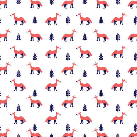 Seamless vector pattern cute cartoon fox, trees, wild animal isolated on white backgroundのイラスト素材