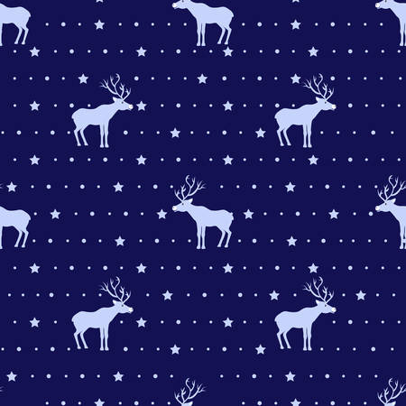 Vector cute cartoon deer seamless pattern, isolated on snow dark blue backgroundのイラスト素材