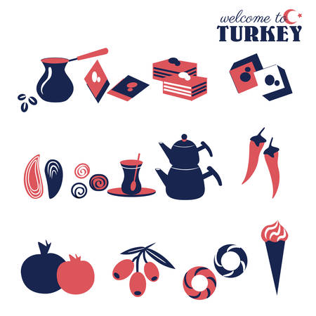 Turkish traditional vector food - sweets, coffee, tea, baklava, bread simit, pepper pepperoni, mussel, ice cream dondurma.のイラスト素材