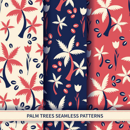 Seamless floral pattern cartoon vector tropical illustration, palm tree, tulip flower, coffee seeds...