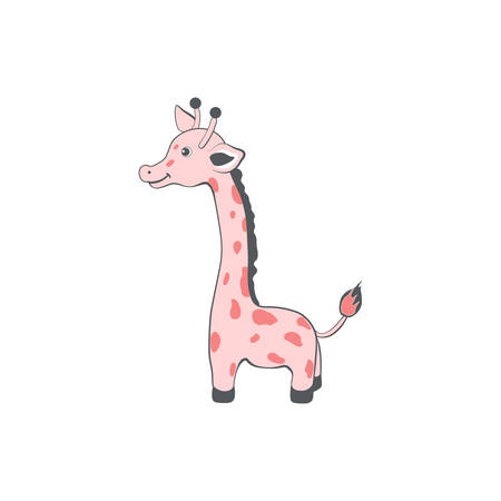 Cute cartoon pink giraffe, wild african kid animal vector illustration isolated on white background, decorative colorful mammal for character design, mascot, zoo alphabet, greeting card, invitationのイラスト素材