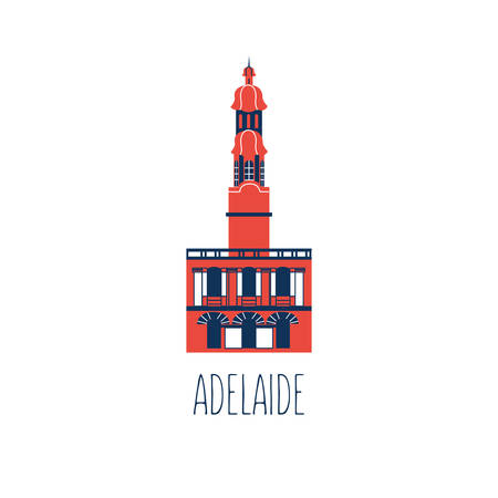 Australian cartoon travel vector illustration, landmark Adelaide Town Hall isolated on white background, decorative symbol flat style, colorful icon building for travel design, advertising, web signのイラスト素材