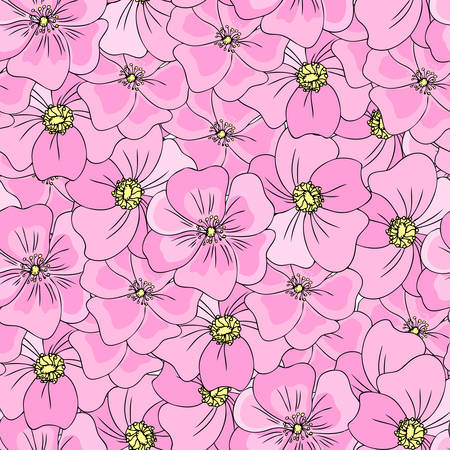 Seamless floral pattern Wild rose, briar, hand drawn blossom dogrose, vector illustration, pink background, decorative texture rosehip for design cosmetic, herbal tea, organic food, colorful textileのイラスト素材