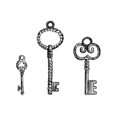 Set of different vintage keys with intricate forging, hand drawn sketch vector illustration isolated on white background, decorative retro style for design pattern, greeting card, scrapbook old thingのイラスト素材